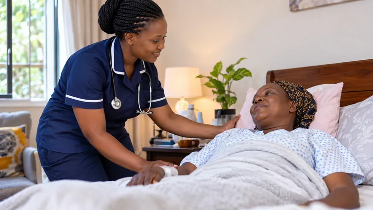 A nurse offering reassurance beside an adult resting in bed