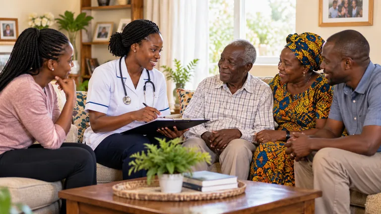 A nurse listening to a group of adults during a conversation at home