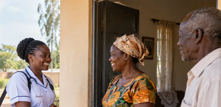 A nurse greeting two adults at a home entrance